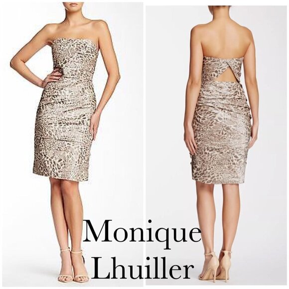 Women's Monique Lhuillier Strapless Animal Print Dress tan/brown - Picture 1 of 9
